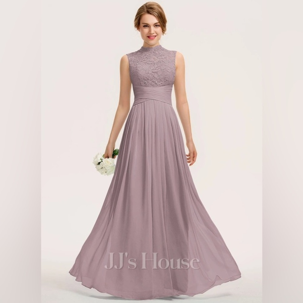 NWT Size 16 Dusk A-line High Neck Floor-Length Chiffon Lace Dress With Ruffle